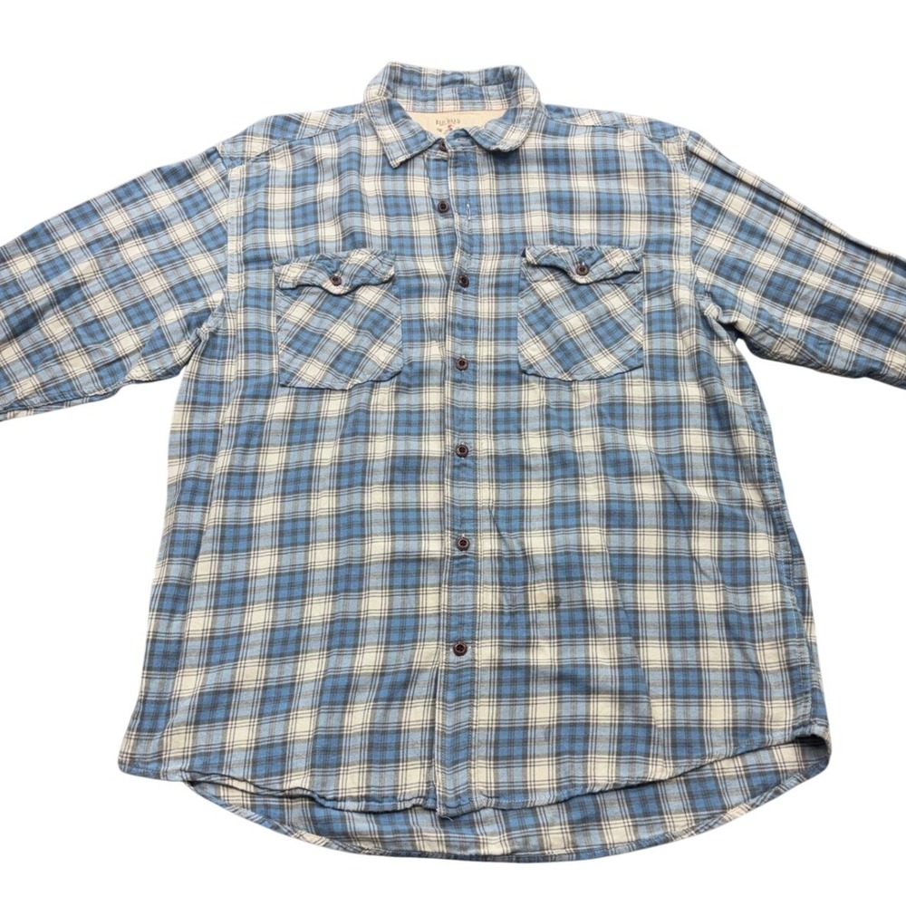 RedHead Brand Co Mens Plaid Button Down Shirt Blue Cream Long Sleeve Large